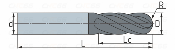 Фреза сферическая твердосплавная 3 зуба, HRC45, 4x8x4x50L, R2