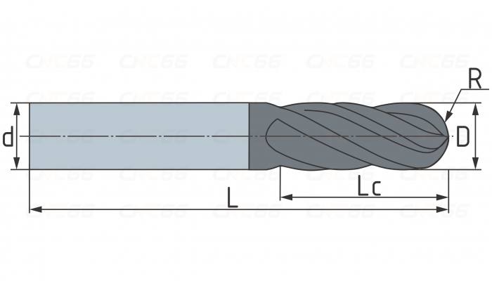 Фреза сферическая твердосплавная 3 зуба, HRC 65, 4х15х4х150L,R2
